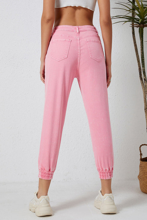 Pink Acid Wash Elastic Cuffed High Waist Jeans
